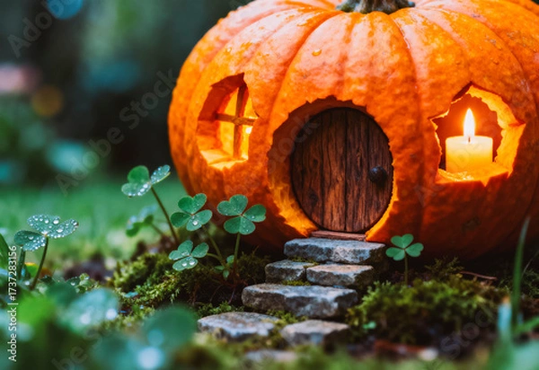 Fototapeta A carved pumpkin resembling a fairy cottage with a wooden door and glowing candle inside. Surrounded by small clovers and moss, creating a whimsical Halloween scene.
