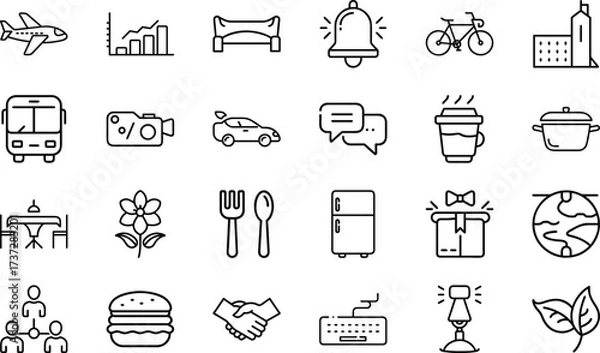 Fototapeta Modern Minimal Line Icons Set – Travel, Business, Food, Technology, Nature, Communication, Transportation, Office, and Lifestyle Vector Symbol Collection on White Background