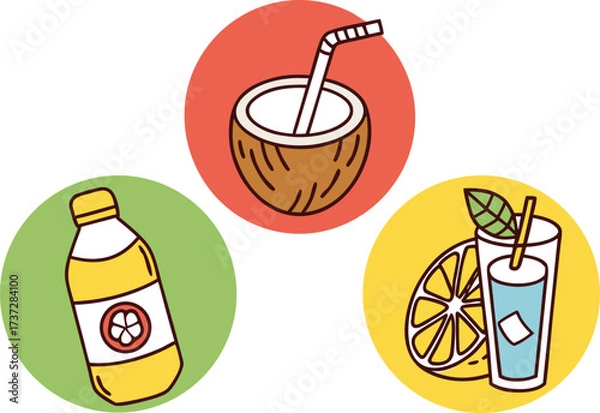Fototapeta Refreshing Drinks: Coconut, Lemonade, and Juice Bottle Icons vector Illustration