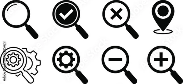 Fototapeta Set of Magnifying Glass Search Icons, plus Minus, Location and Gear on Transparent