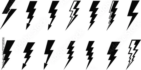 Fototapeta Set of Twelve Black Lightning Bolt Icons Variety Isolated on Transparent Background