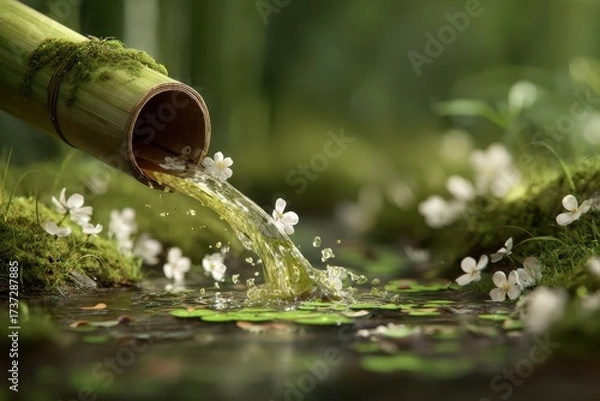 Obraz Bamboo Pipe Pouring Fresh Water in Nature with White Flowers