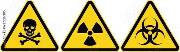 Fototapeta Yellow Triangle Caution Signs with Skull Radiation Biohazard Icons on White Background