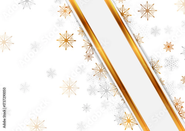 Fototapeta Abstract white and golden geometric Christmas winter background with snowflakes