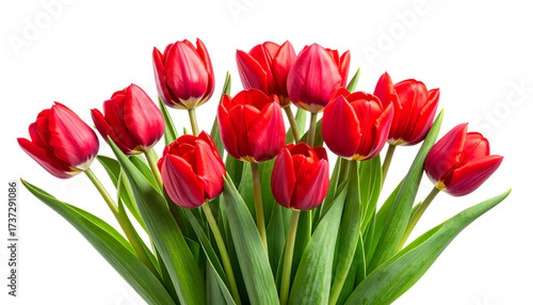 Fototapeta Red tulips with fresh green stems and petals in bloom, isolated on transparent background png file.