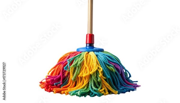 Fototapeta Colorful mop with bright cleaning strands and sturdy handle, isolated on transparent background.