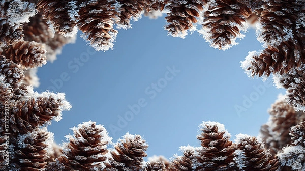 Fototapeta Upward view of pinecones covered in snow against blue sky.