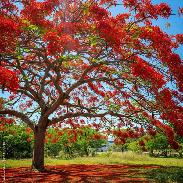 Fototapeta Image of a red flowering flamboyant tree