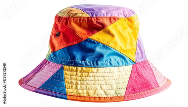 Fototapeta Colorful bucket hat with vibrant patterns and stitched details, isolated on white background.