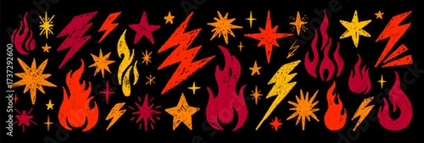 Fototapeta Fire thunder star doodle icon. Flame lightning bolt star flash crayon pencil simple scribble set. Hand drawn doodle grafitti icon. Vector watercolor chalk scribble. Cartoon element illustration bg