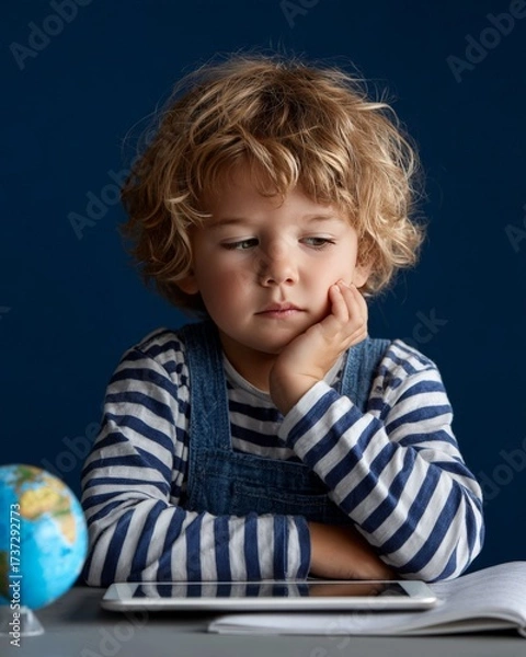 Fototapeta Pensive young caucasian child studying with tablet and globe in blue background