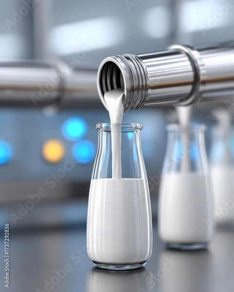 Fototapeta Milk bottling process in industrial dairy factory setting