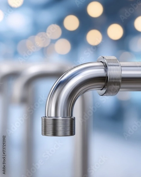 Fototapeta Shiny stainless steel pipe with blurred background and bokeh lights
