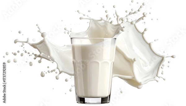 Fototapeta Glass of milk with dynamic splash effect, frozen motion style, isolated on transparent background with png