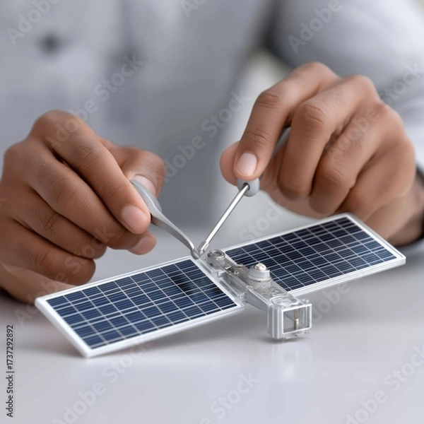 Fototapeta Caucasian male adult assembling solar-powered satellite model with tools