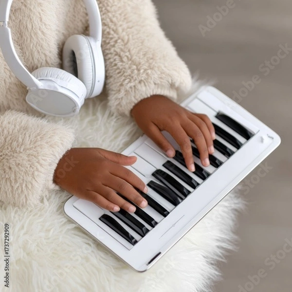 Fototapeta Young child playing keyboard with headphones on soft surface