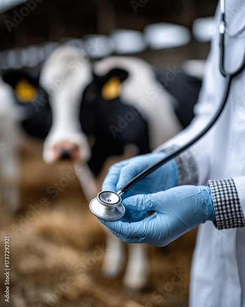 Fototapeta Veterinarian in blue gloves examining cows on farm with stethoscope