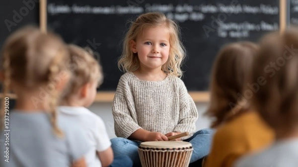 Fototapeta Caucasian female child with drum in classroom setting