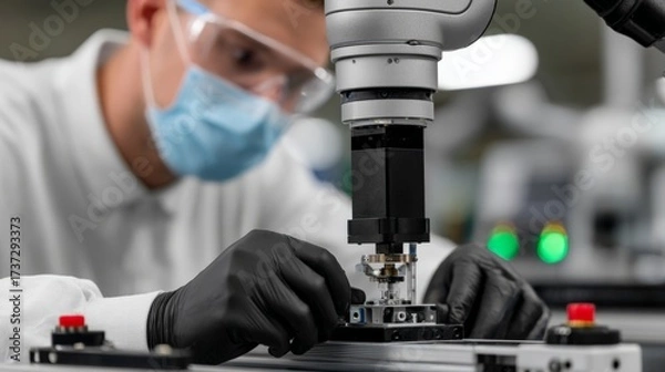 Fototapeta Male technician assembling precision components with robotic equipment