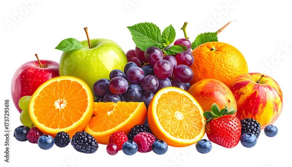 Fototapeta Assorted mixed fruits including apple, orange, grapes, and berries, vibrant colors, isolated on transparent background png.