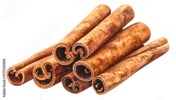 Fototapeta Cinnamon sticks with natural brown texture and curled ends, isolated on white background png file.