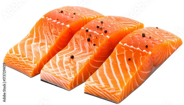 Fototapeta Three fresh raw salmon fillets with rich orange texture, neatly arranged, png