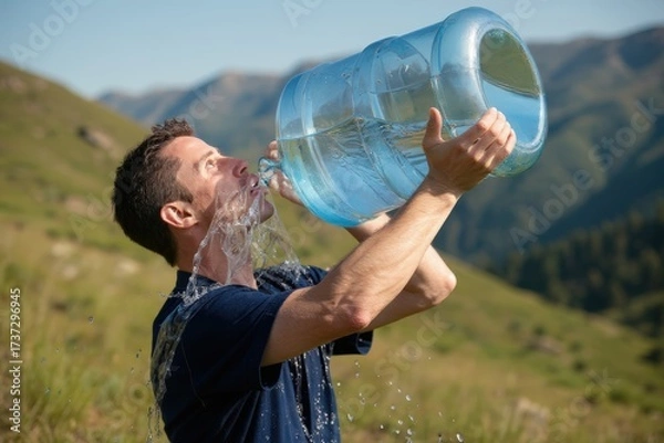 Obraz A man is drinking water from a large blue water bottle