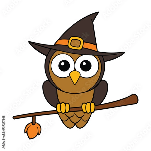 Fototapeta an owl wearing a witch hat is sitting on a branch