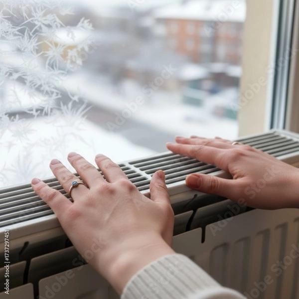 Obraz A woman is looking out the window at the snow