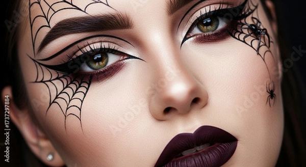 Fototapeta A close-up of Halloween makeup with spiderweb eyeliner and dark lipstick