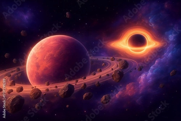 Fototapeta A cosmic scene with a planet, asteroid ring, and a black hole in space