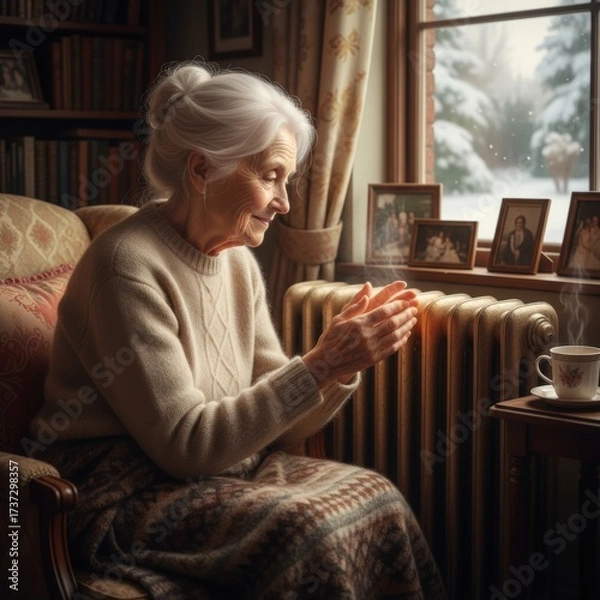 Obraz A woman in a white sweater is sitting in a chair by a radiator