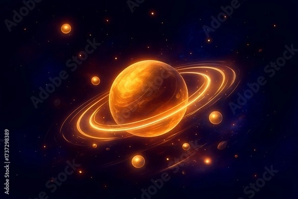Fototapeta A golden planet with rings surrounded by stars in the dark universe