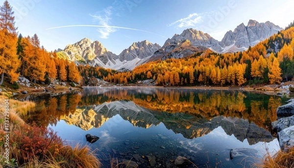 Fototapeta Autumn Landscape with Golden Trees and Mountain Reflection in Tranquil Lake