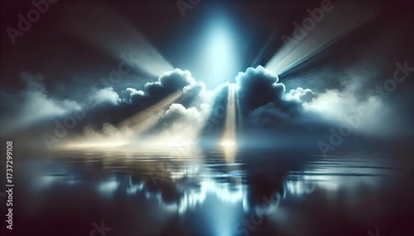 Fototapeta Mysterious light rays shine through clouds over water in a dark environment
