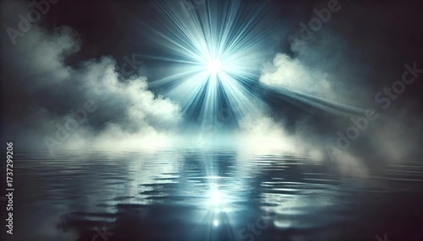 Fototapeta Abstract dark night background with light and smoke, water reflection