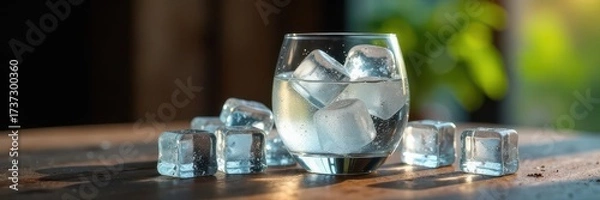 Obraz Ice cubes melting in a glass of water on a wooden table, glass, light, ice