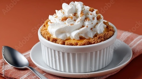 Obraz Individual pumpkin pie dessert topped with whipped cream served in a white ramekin
