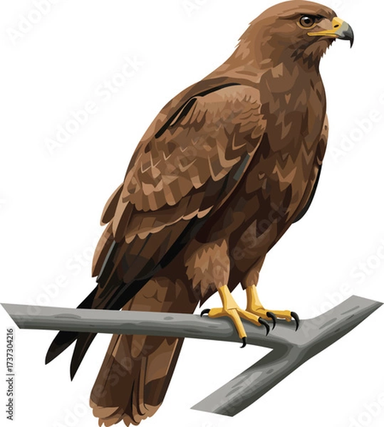 Obraz Majestic brown eagle perched on tree branch, detailed bird of prey illustration, perfect for wildlife, nature, and educational designs.