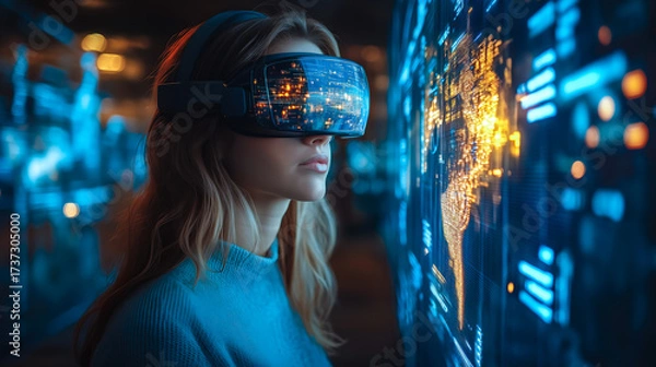 Fototapeta A woman wearing VR glasses interacts with a holographic globe. The concept of virtual reality, global connectivity, and futuristic business innovation. Generative AI.
