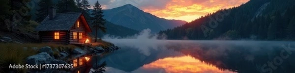 Obraz Log cabin, still lake, campfire embers fading , water, sky, light