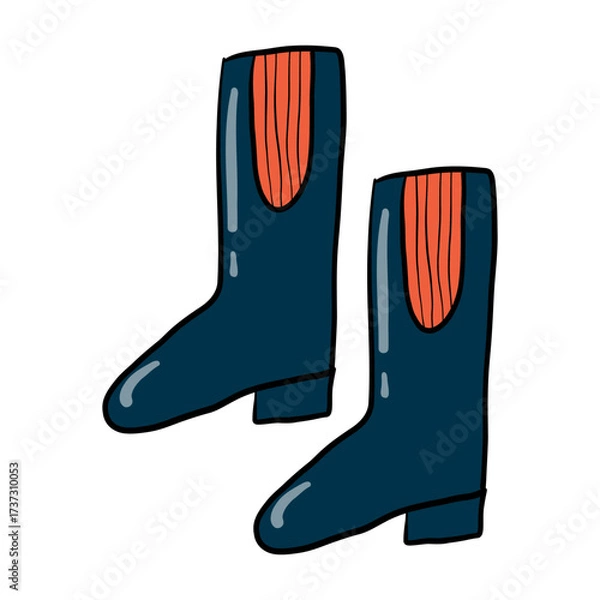 Obraz Pair of dark blue rubber boots with red accents. Cute waterproof footwear in a fun doodle style. Hand-drawn. Perfect for autumn, spring, and gardening. Isolated design element on white background.