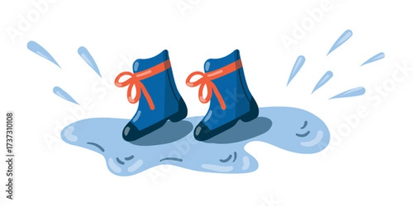 Obraz Pair of blue rubber boots with a red bow in a puddle with splashes. Cute waterproof footwear in doodle. Hand-drawn. For autumn, spring, rainy day concept. Isolated design element on white background