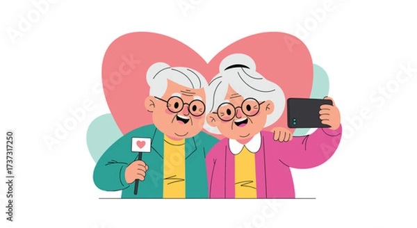 Fototapeta A lovely elderly couple taking a selfie with a heart in the background.