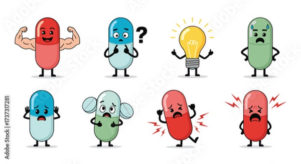 Fototapeta Animated cartoon characters of pills and capsules depicting various emotions and states.