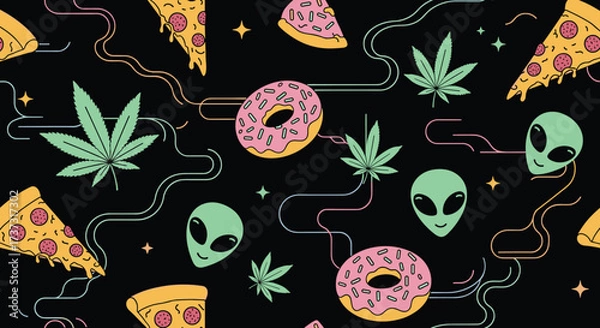 Fototapeta Surreal cosmic pattern of pizza slices donuts and alien heads.