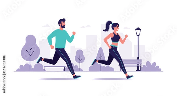 Fototapeta A man and a woman jogging together in a park with city buildings in the background.