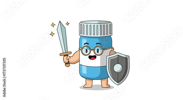 Fototapeta A cartoon pill bottle with glasses holding a sword and shield.