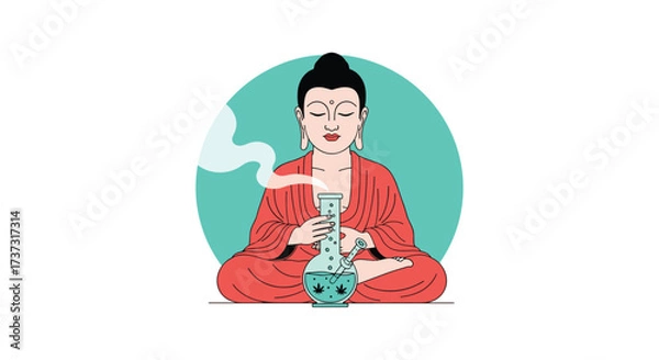 Fototapeta Buddha meditating with a bong emitting smoke creating a serene atmosphere.