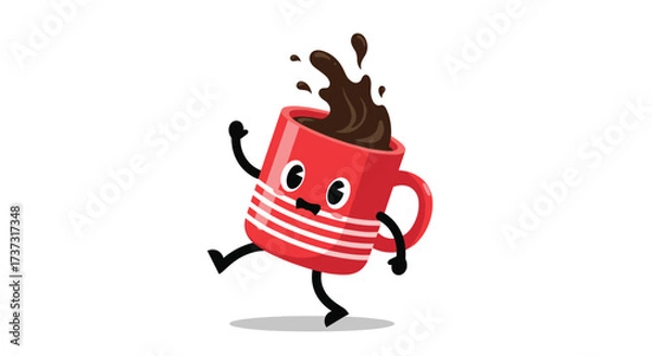 Fototapeta A happy red coffee mug with arms and legs dances joyfully splashing hot beverage.